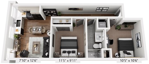 Floor plan for 2 beds, 1 bath, 580 sqft